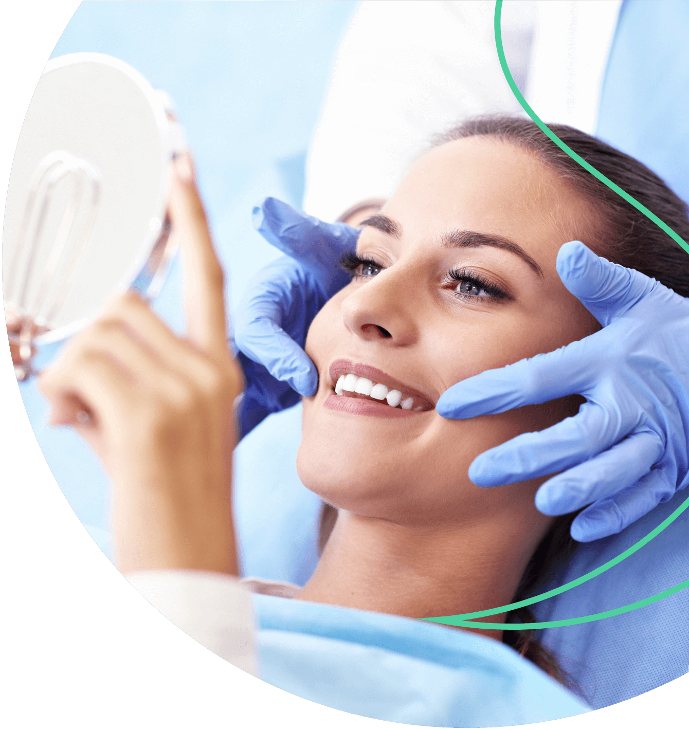 patient checking the result of their teeth smiling